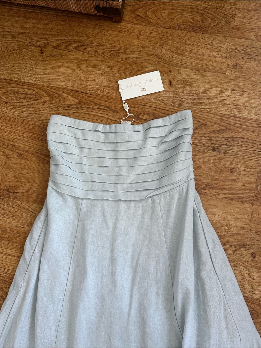 New Caroline Constas Strapless Pleated Maxi Dress S Linen Blend Baby Blue - Picture 4 of 12